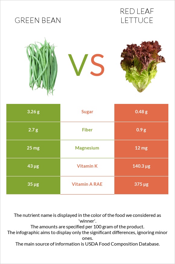 Կանաչ լոբի vs Red leaf lettuce infographic