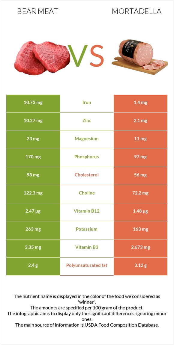 Bear meat vs Մորտադելա infographic