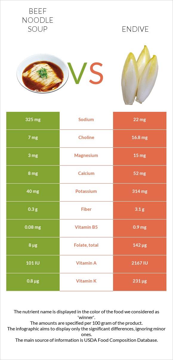 Beef noodle soup vs Endive infographic