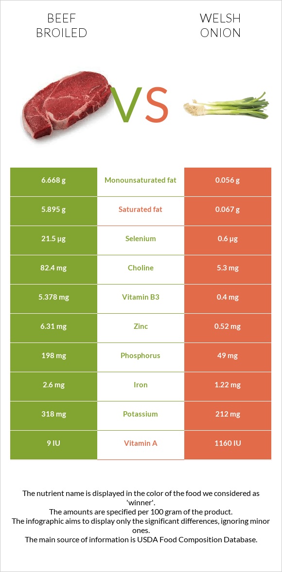 Beef broiled vs Welsh onion infographic