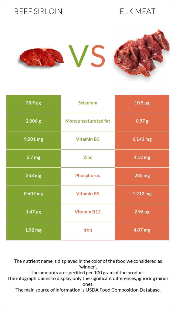 Beef sirloin vs Elk meat infographic