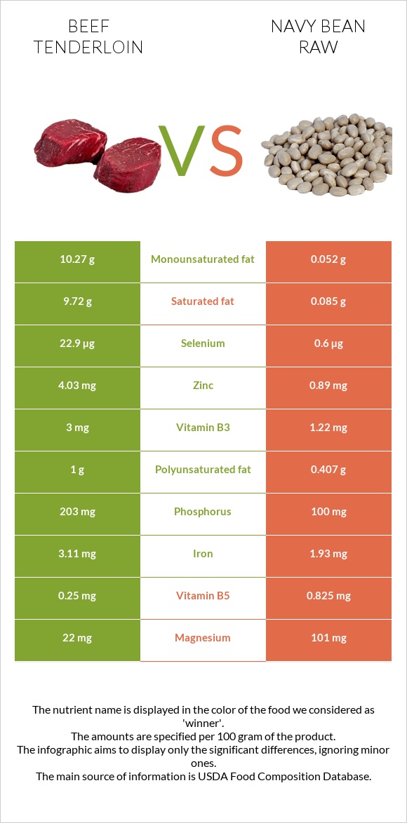 Beef tenderloin vs Navy bean raw infographic