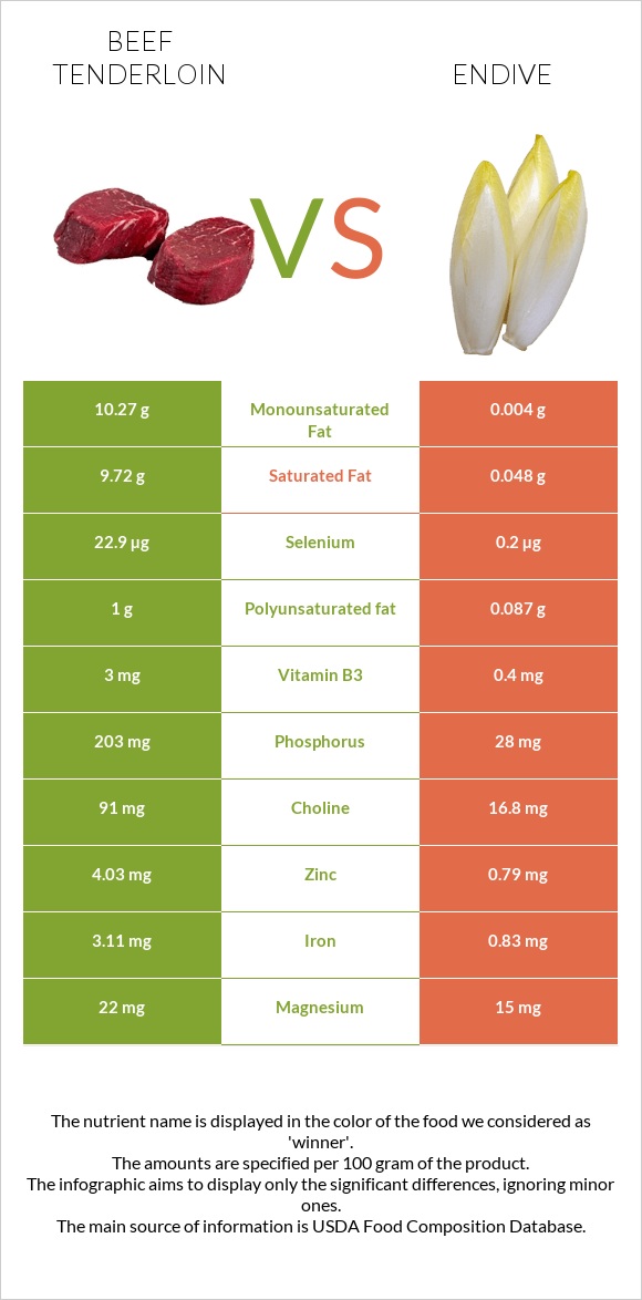 Beef tenderloin vs Endive infographic