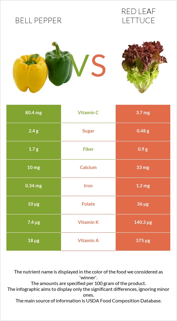 Bell pepper vs Red leaf lettuce infographic