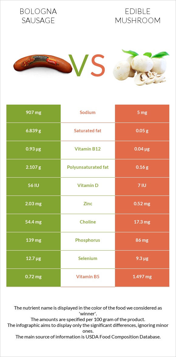 Bologna sausage vs Edible mushroom infographic