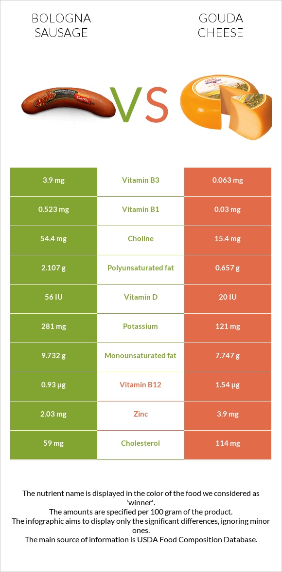 Bologna sausage vs Gouda cheese infographic