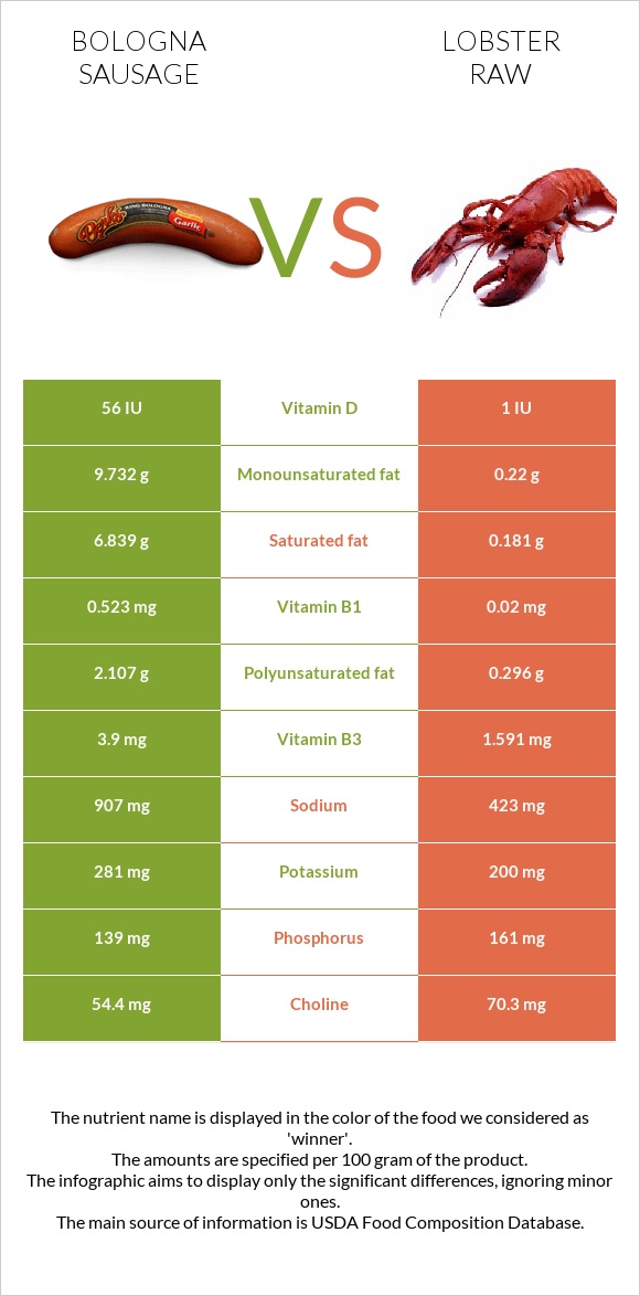 Bologna sausage vs Lobster Raw infographic