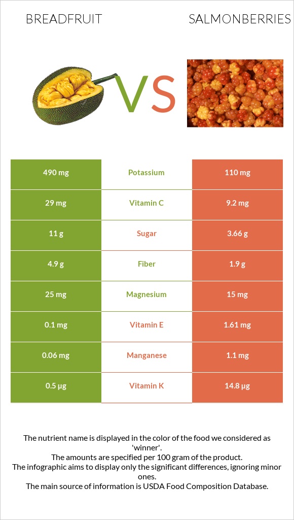 Breadfruit vs Salmonberries infographic