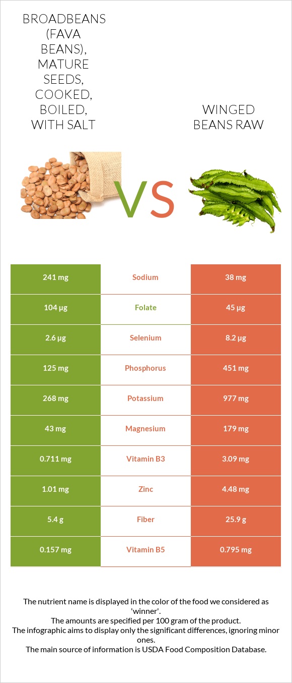 Broadbeans (fava beans), mature seeds, cooked, boiled, with salt vs Winged beans raw infographic