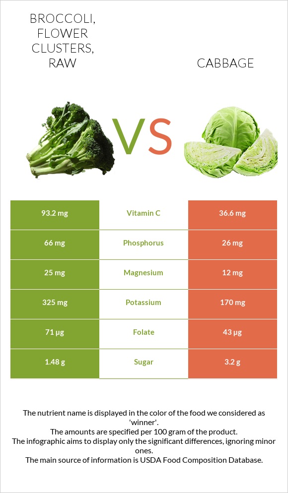 Broccoli, flower clusters, raw vs Cabbage infographic