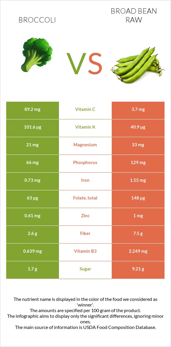 Broccoli vs Broad bean raw infographic