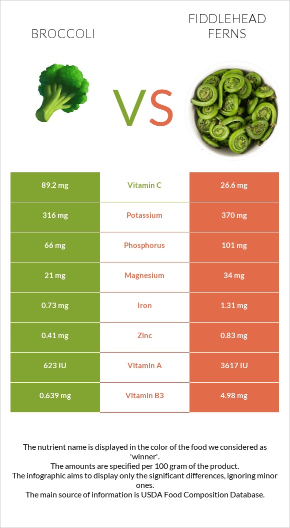 Բրոկկոլի vs Fiddlehead ferns infographic