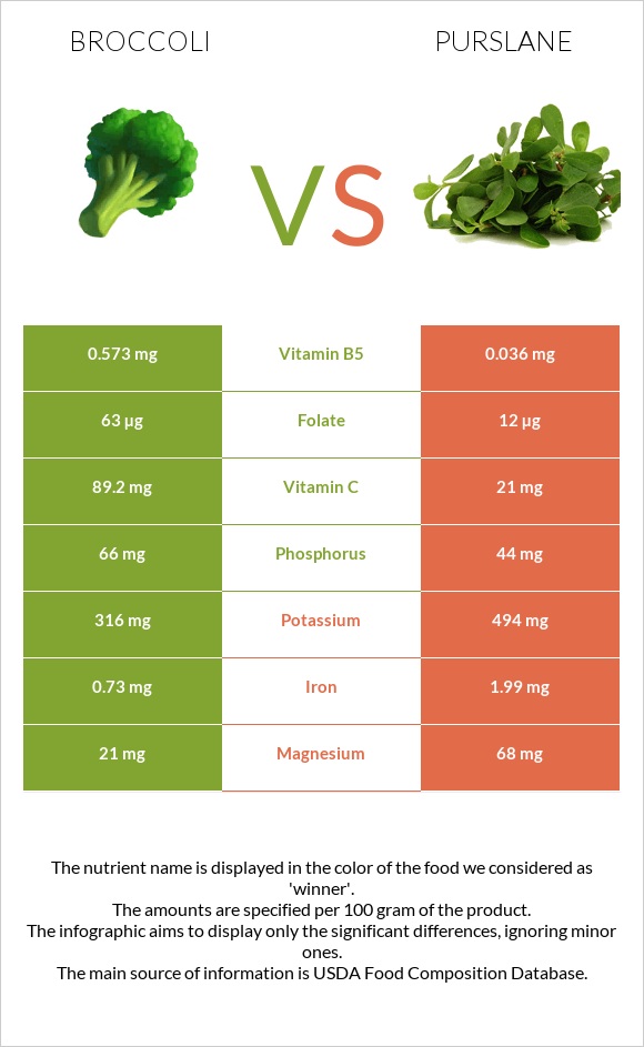 Broccoli vs Purslane infographic
