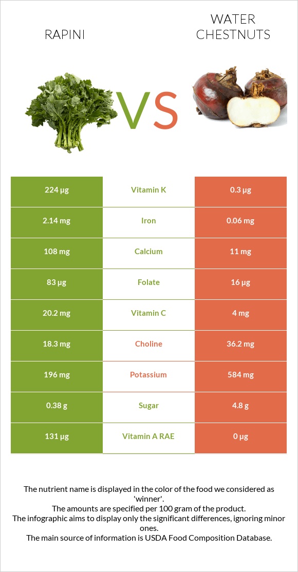 Rapini vs Water chestnuts infographic