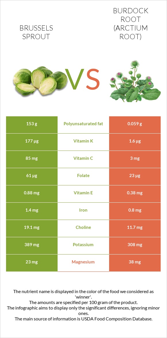 Brussels sprout vs Burdock root infographic