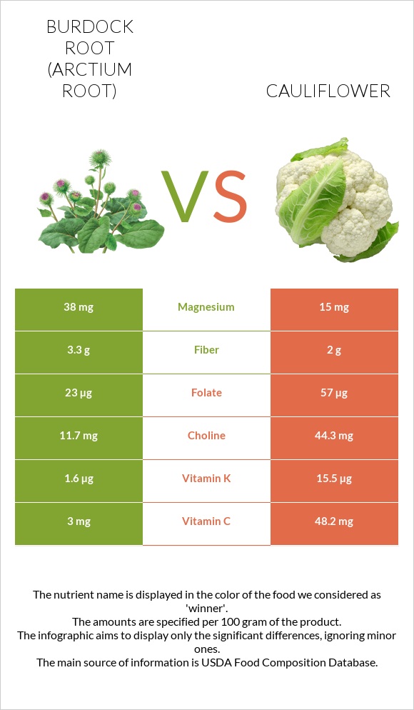 Burdock root vs Cauliflower infographic
