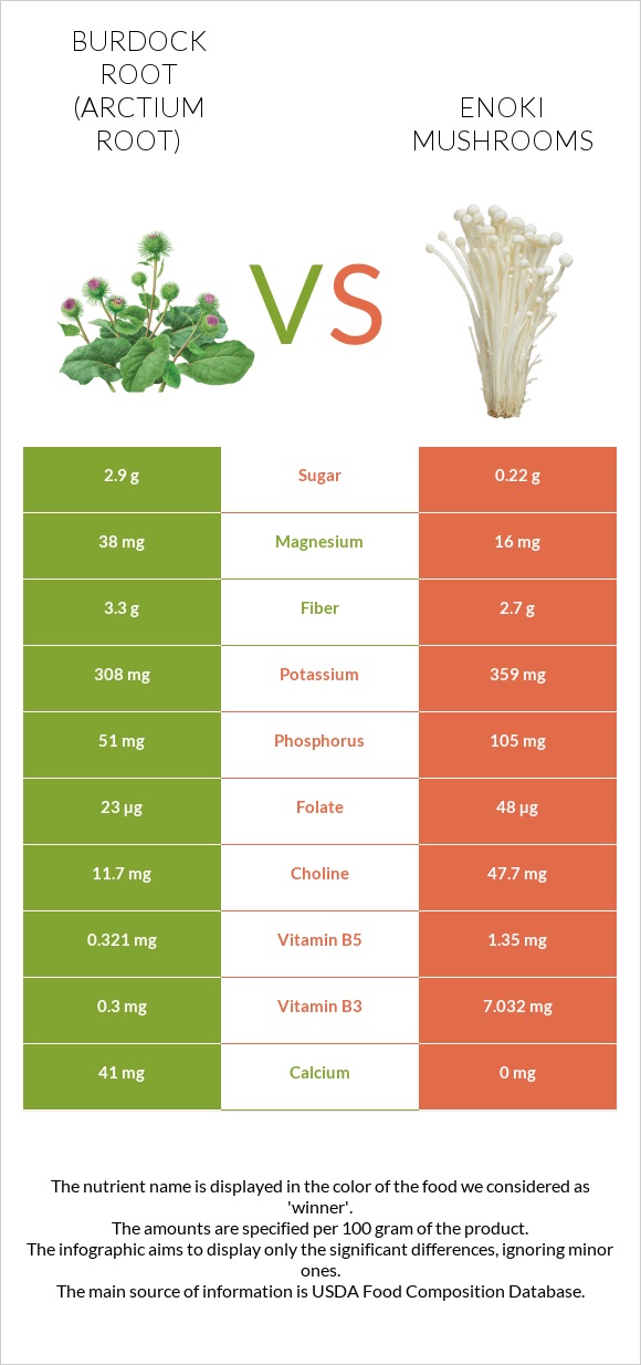 Կռատուկի արմատ (արկտի արմատ) vs Enoki mushrooms infographic