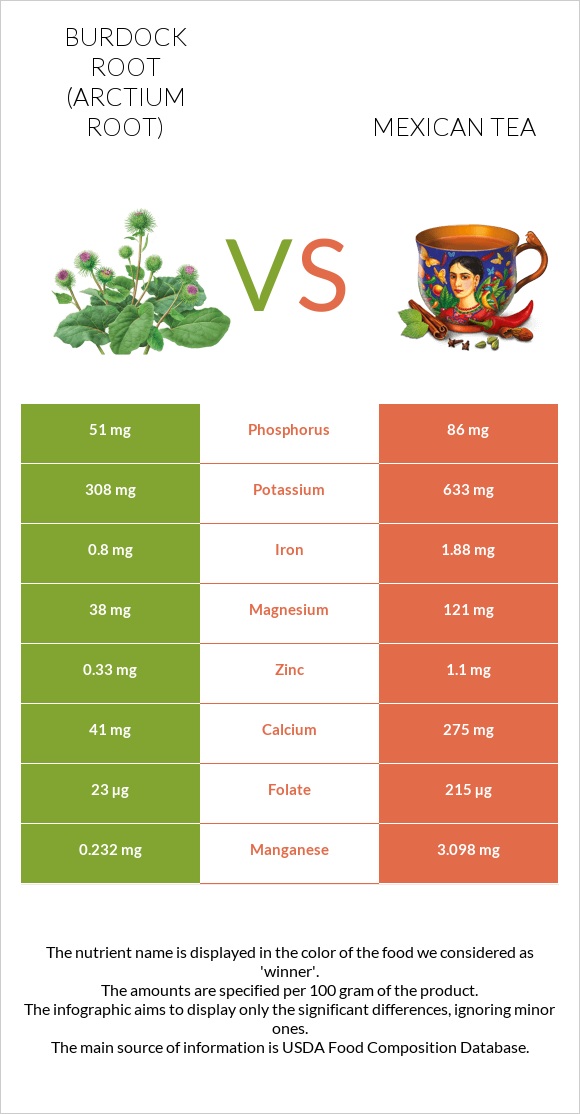 Կռատուկի արմատ (արկտի արմատ) vs Մեքսիկական թեյ infographic