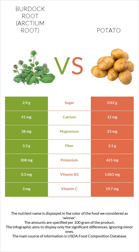 Burdock root vs Potato infographic