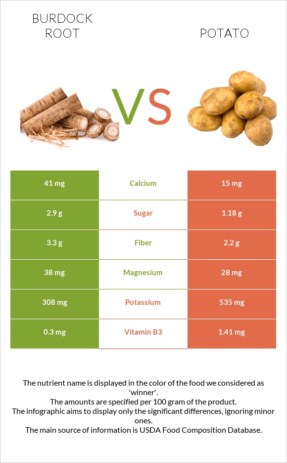 Կռատուկի արմատ (արկտի արմատ) vs Կարտոֆիլ infographic