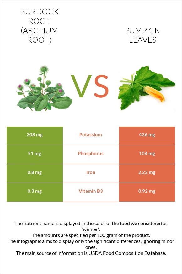 Burdock root vs Pumpkin leaves infographic