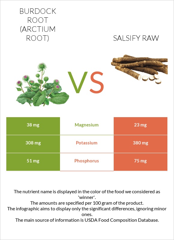 Կռատուկի արմատ (արկտի արմատ) vs Salsify raw infographic