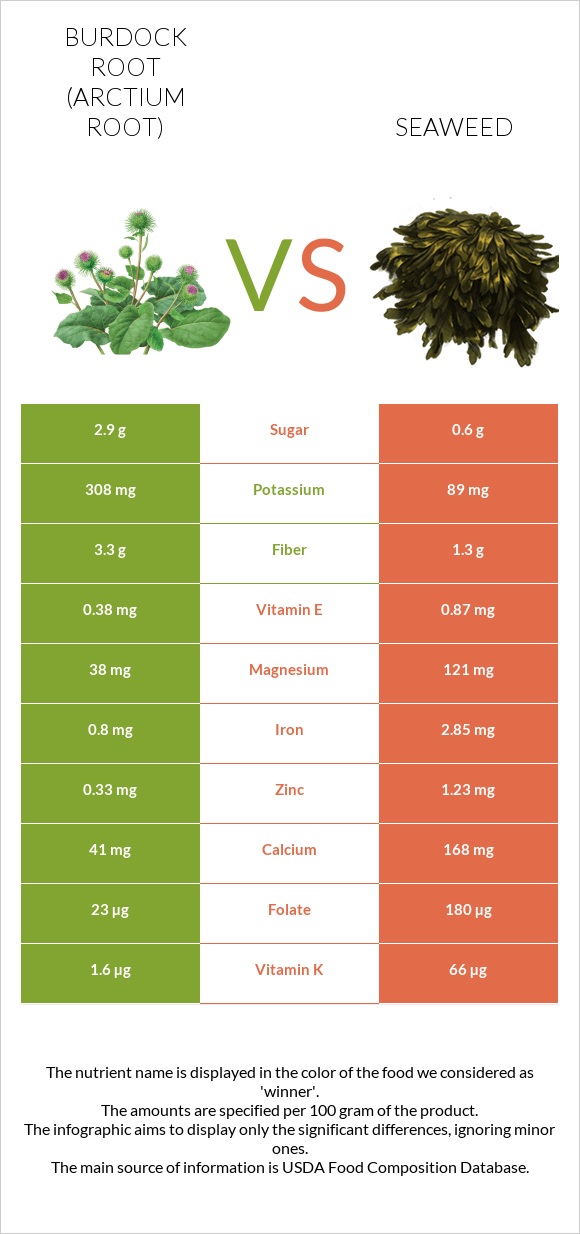 Կռատուկի արմատ (արկտի արմատ) vs Seaweed infographic