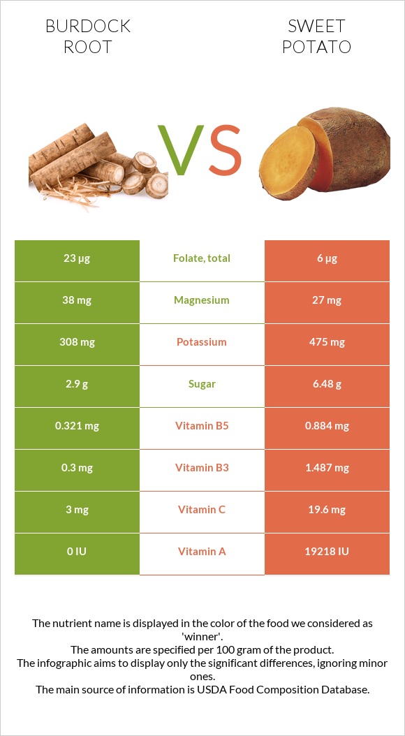 Կռատուկի արմատ (արկտի արմատ) vs Բաթաթ infographic