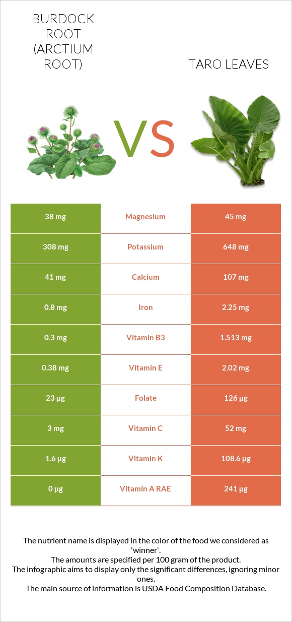 Կռատուկի արմատ (արկտի արմատ) vs Taro leaves infographic