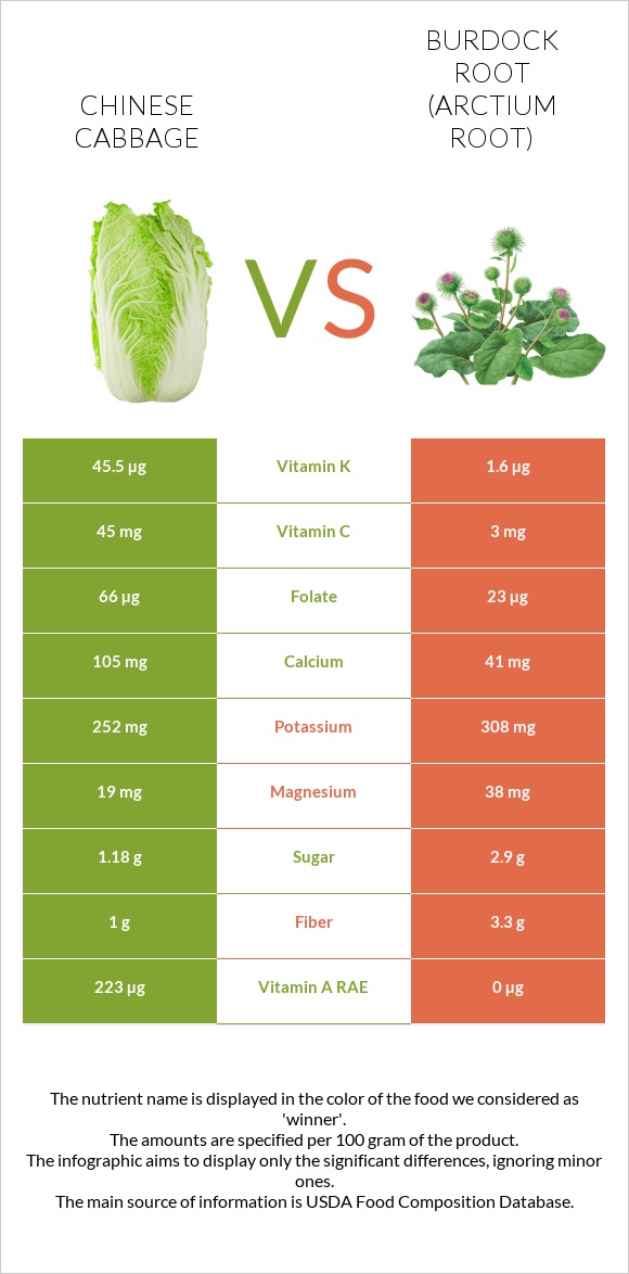 Chinese cabbage vs Burdock root infographic