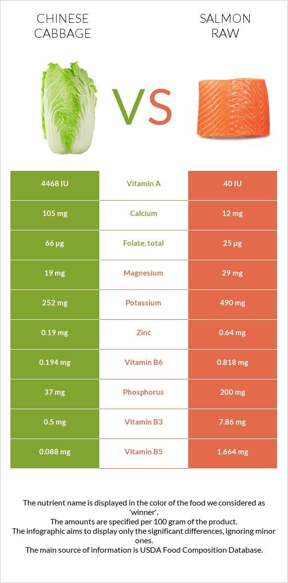 Chinese cabbage vs Salmon raw infographic