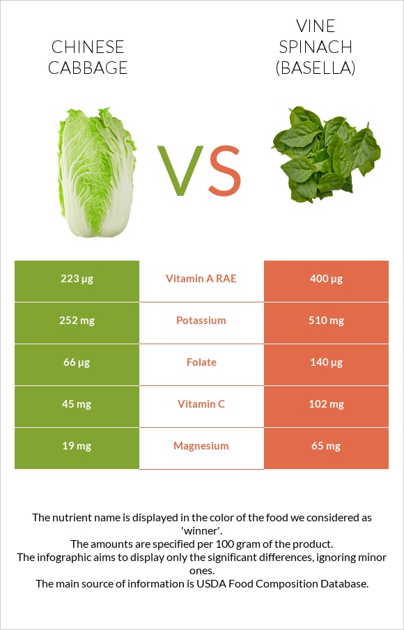 Չինական կաղամբ vs Vine spinach (basella) infographic