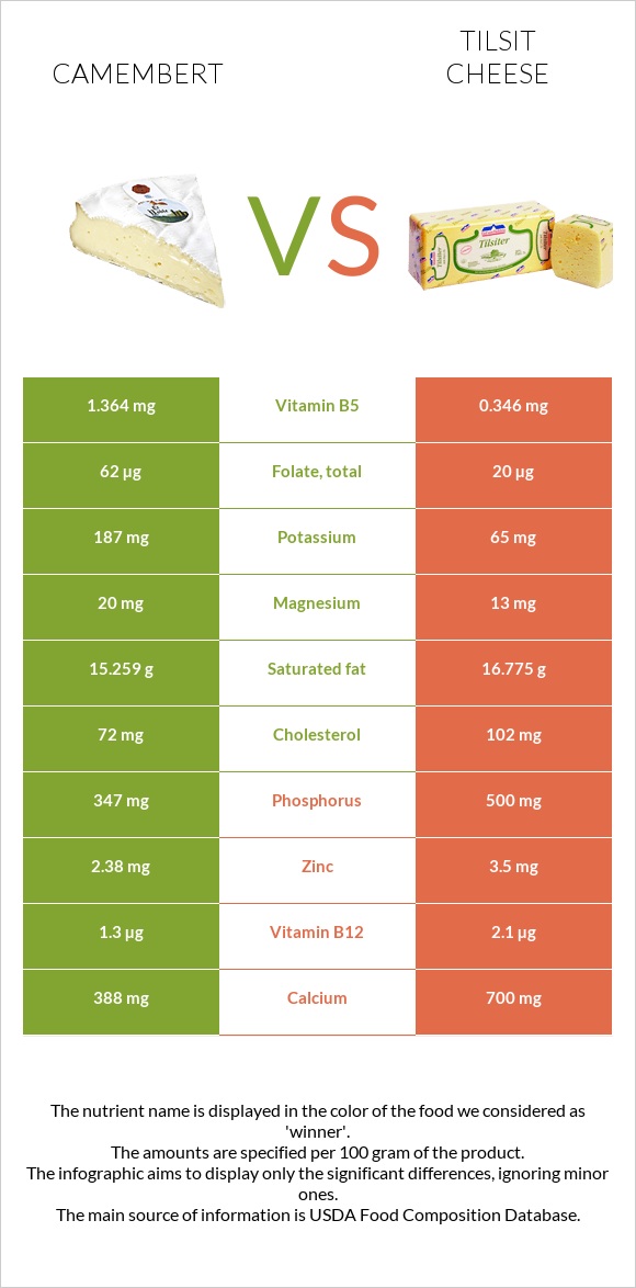 Camembert vs Tilsit cheese infographic