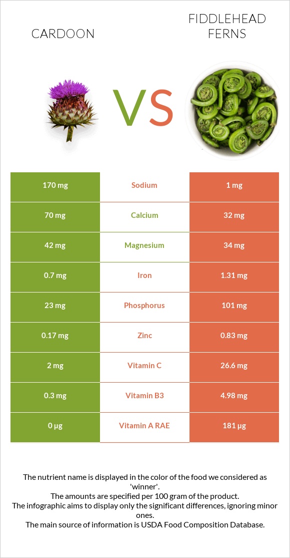 Cardoon vs Fiddlehead ferns infographic