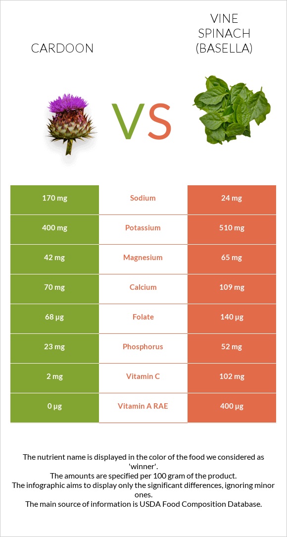 Cardoon vs Vine spinach (basella) infographic