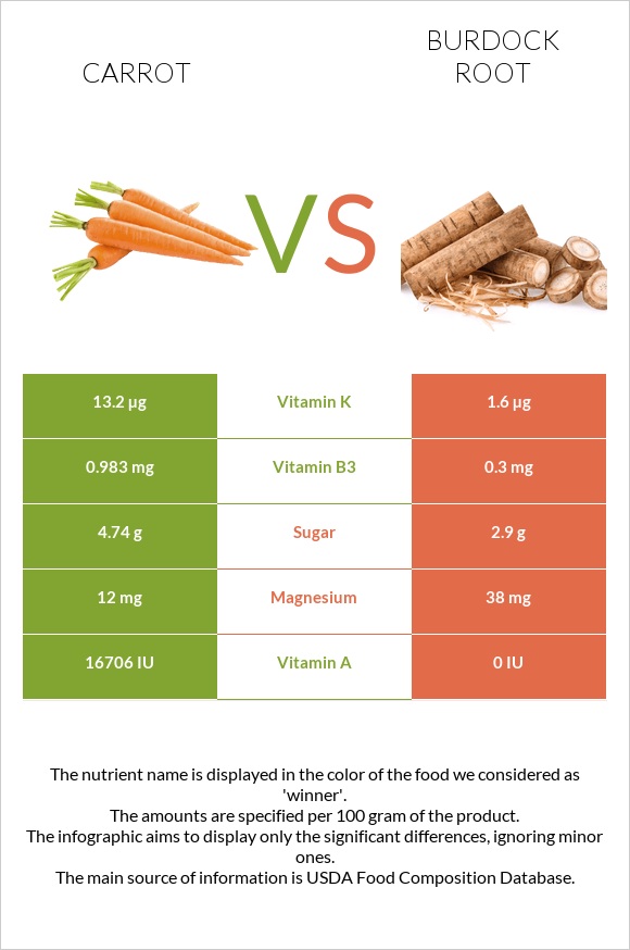 Գազար vs Կռատուկի արմատ (արկտի արմատ) infographic