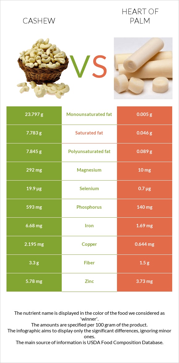 Cashew vs Heart of palm infographic