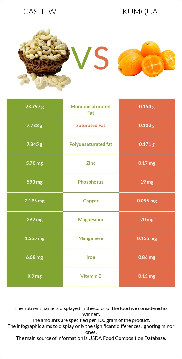 Cashew vs Kumquat infographic