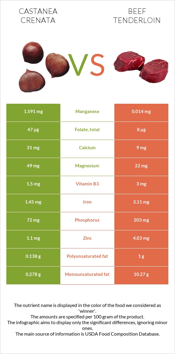 Castanea crenata vs Beef tenderloin infographic