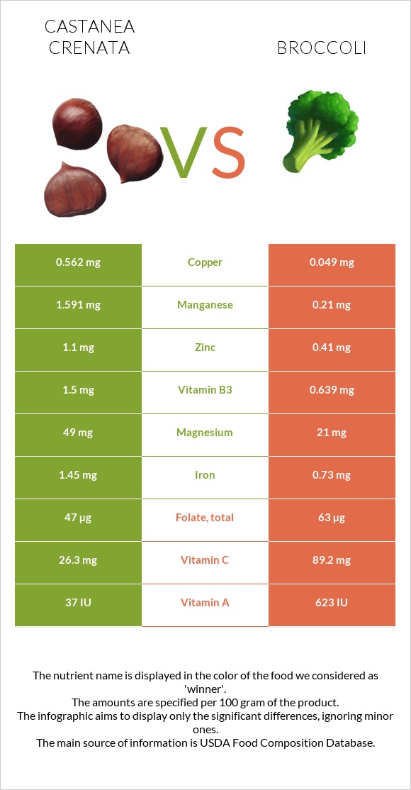 Castanea crenata vs Broccoli infographic