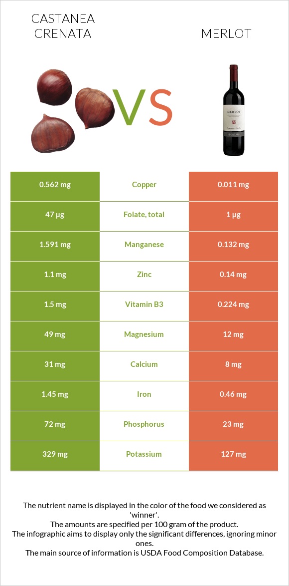 Շագանակ (crenata) vs Գինի Merlot infographic