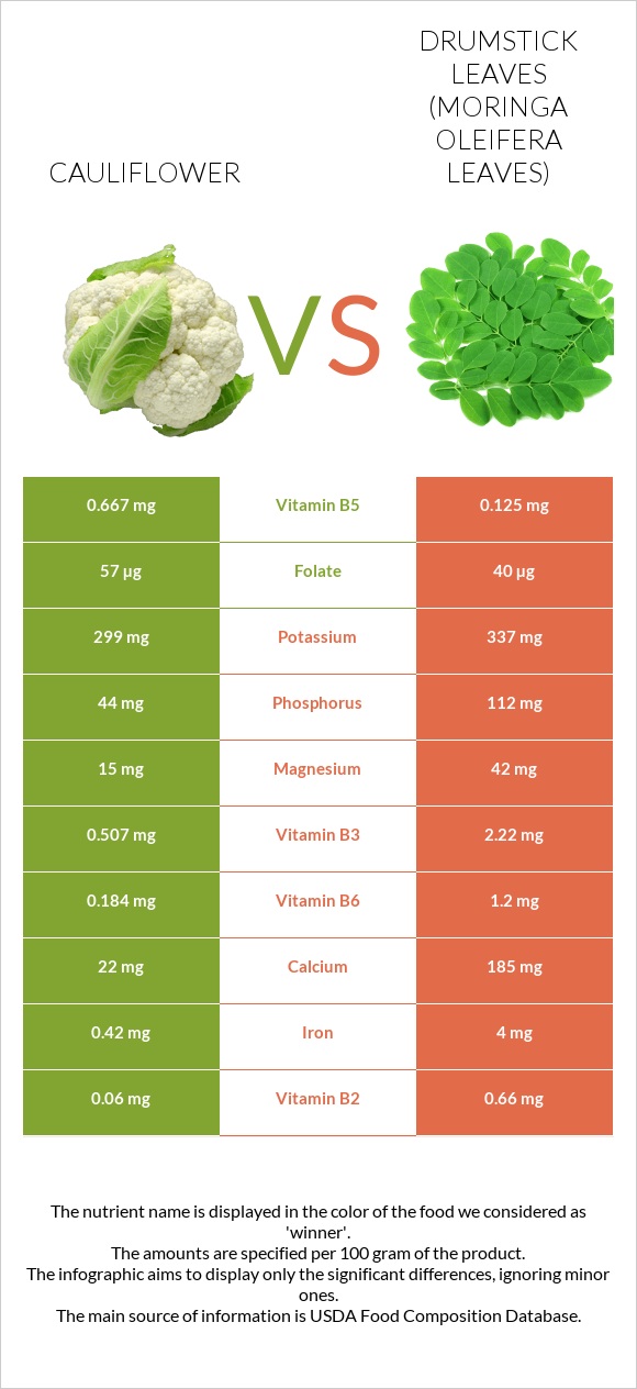 Ծաղկակաղամբ vs Drumstick leaves infographic
