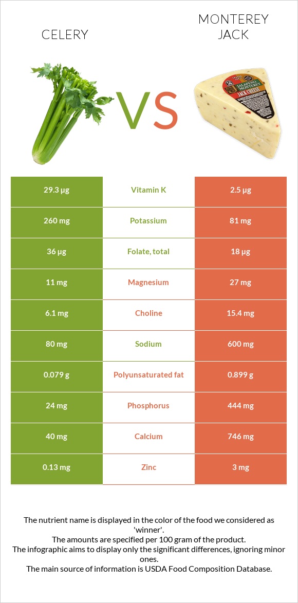 Celery vs Monterey Jack infographic