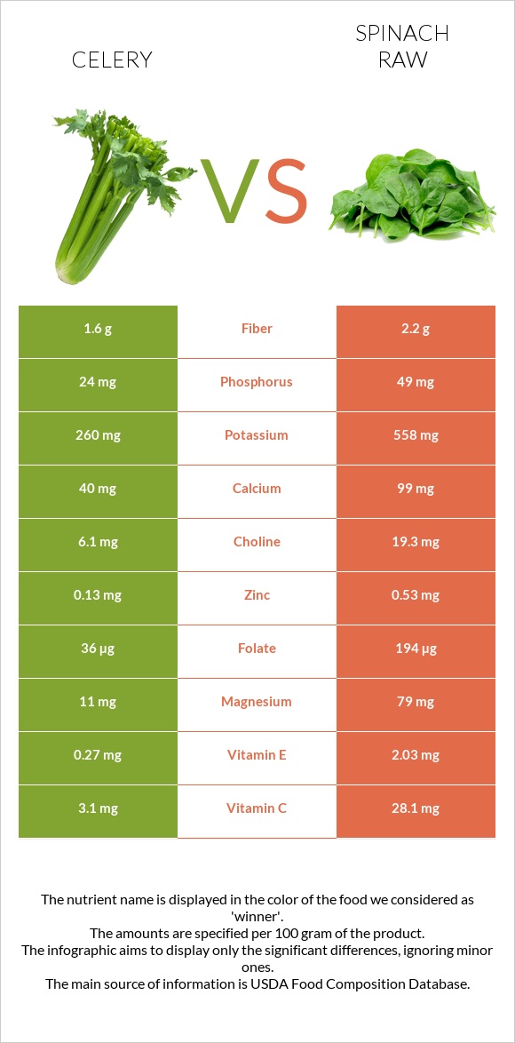 Celery vs Spinach raw infographic