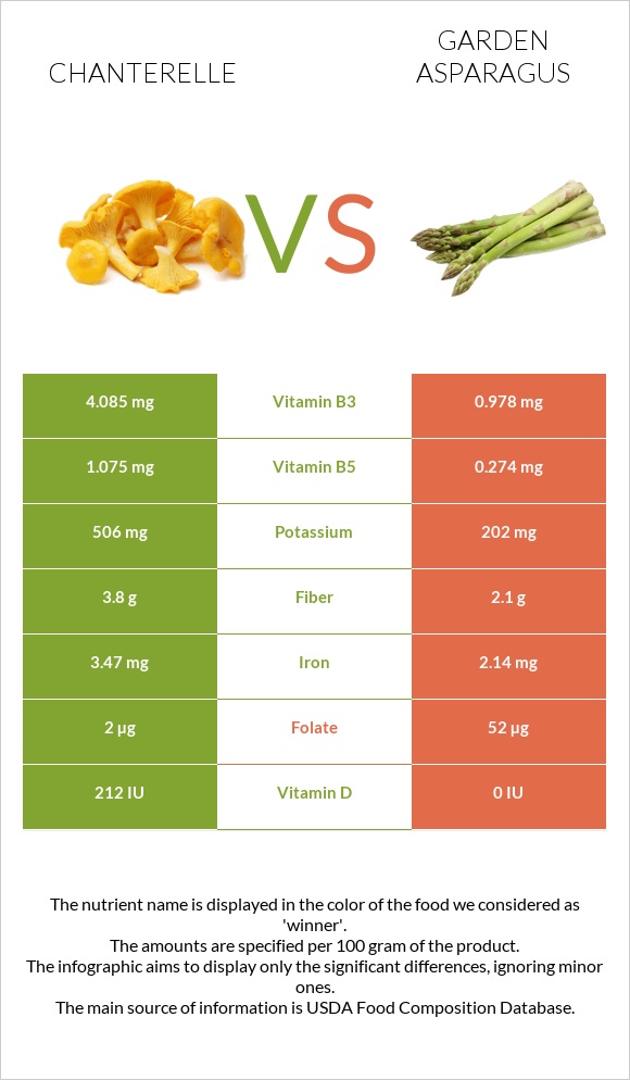 Chanterelle vs Garden asparagus infographic