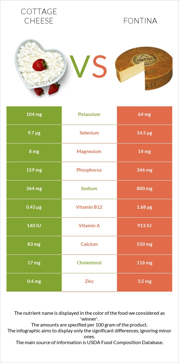 Cottage cheese vs Fontina infographic