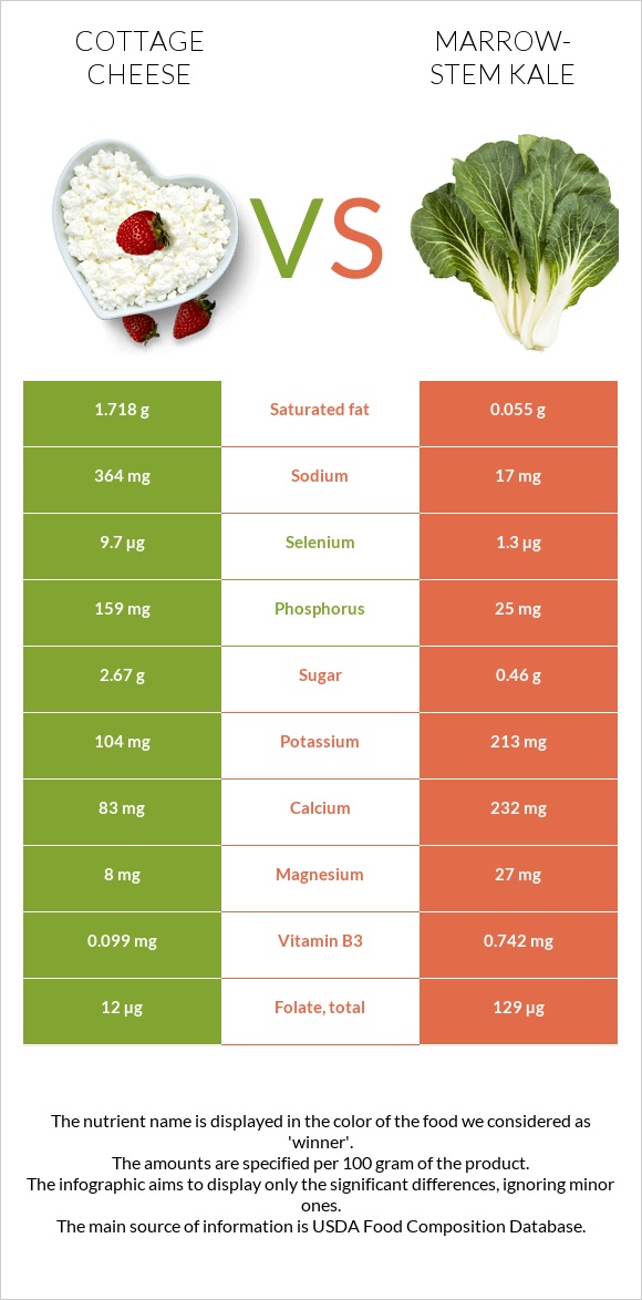 Cottage cheese vs Marrow-stem Kale infographic