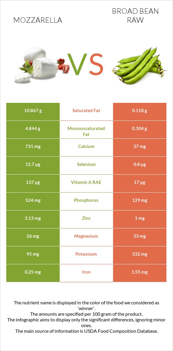 Mozzarella vs Broad bean raw infographic