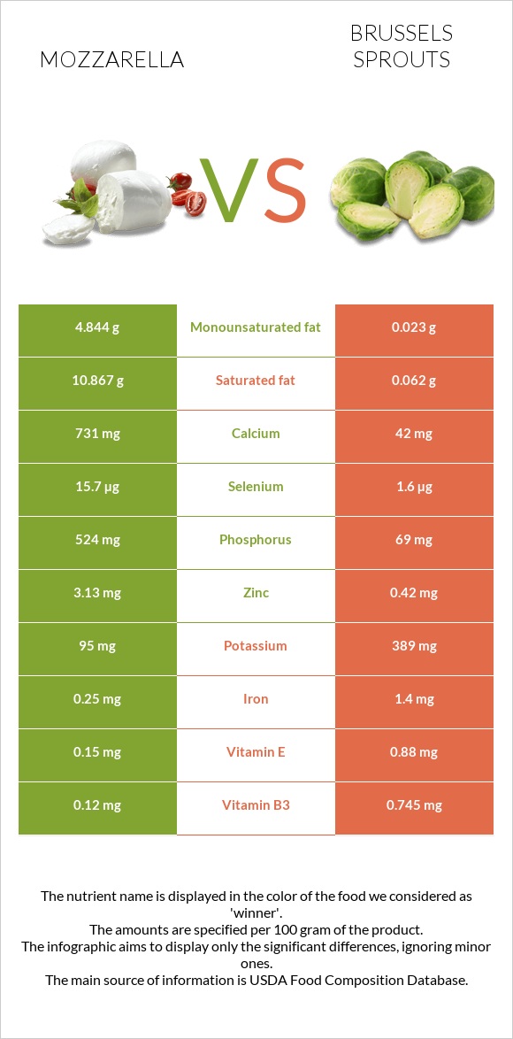 Մոցարելլա vs Բրյուսելյան կաղամբ infographic