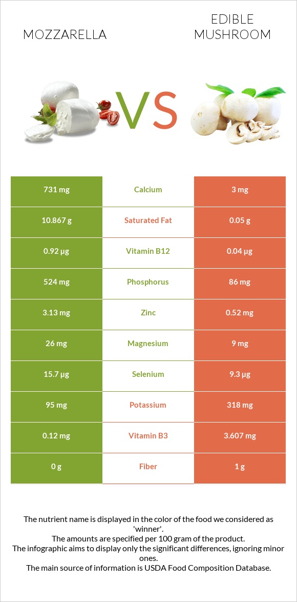 Mozzarella vs Edible mushroom infographic